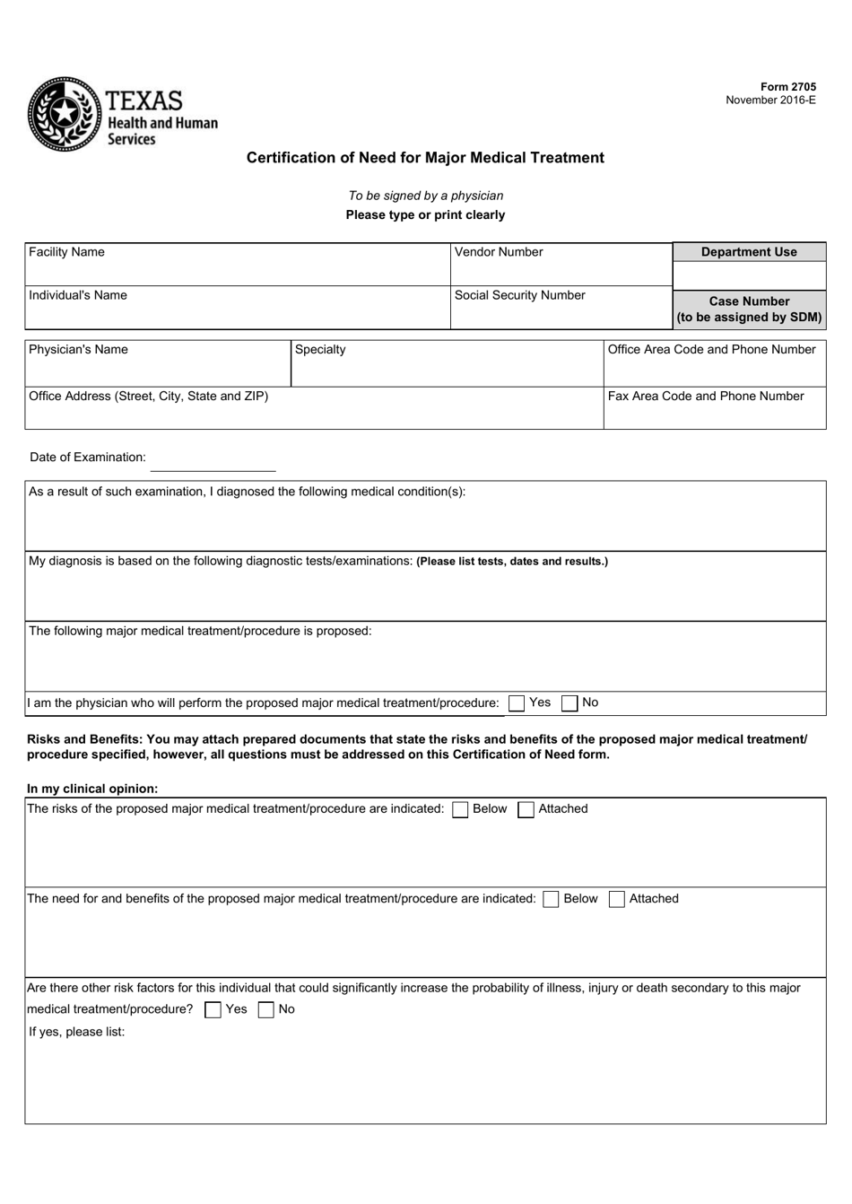 Form 2705 Certification of Need for Major Medical Treatment - Texas, Page 1