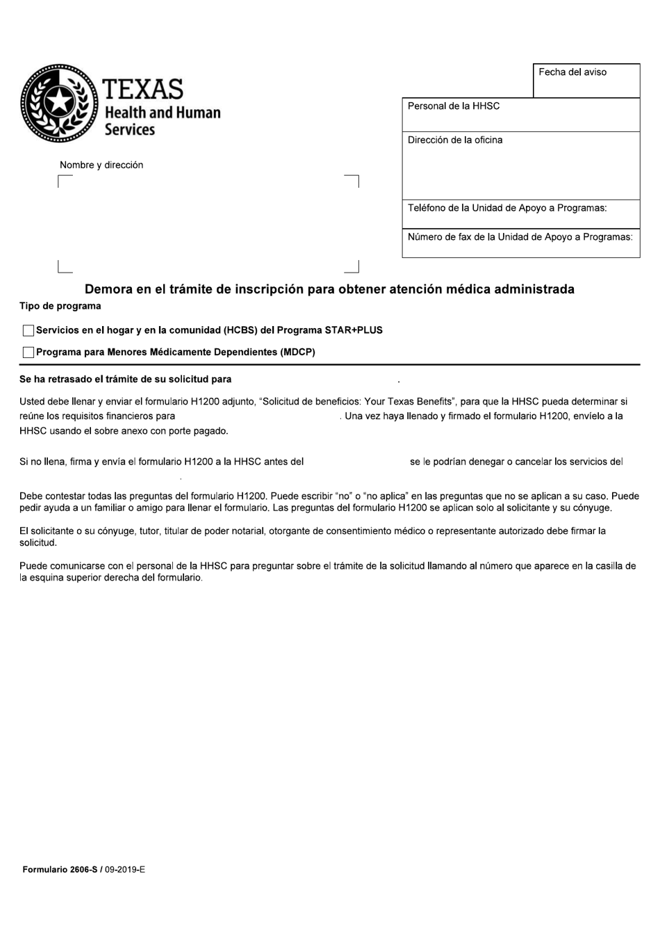 Formulario 2606-S Demora En El Tramite De Inscripcion Para Obtener Atencion Medica Administrada - Texas (Spanish), Page 1