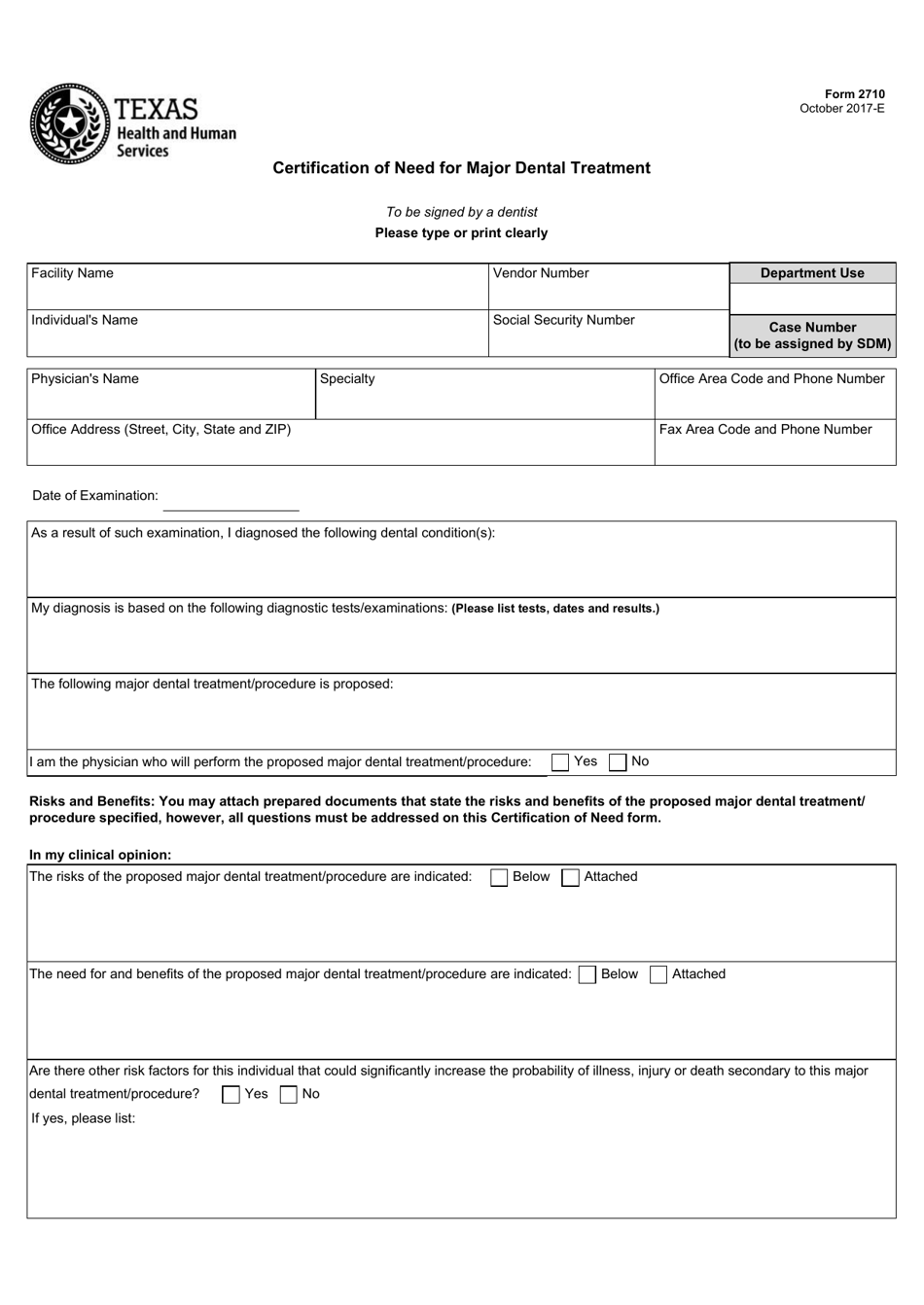 Form 2710 Certification of Need for Major Dental Treatment - Texas, Page 1