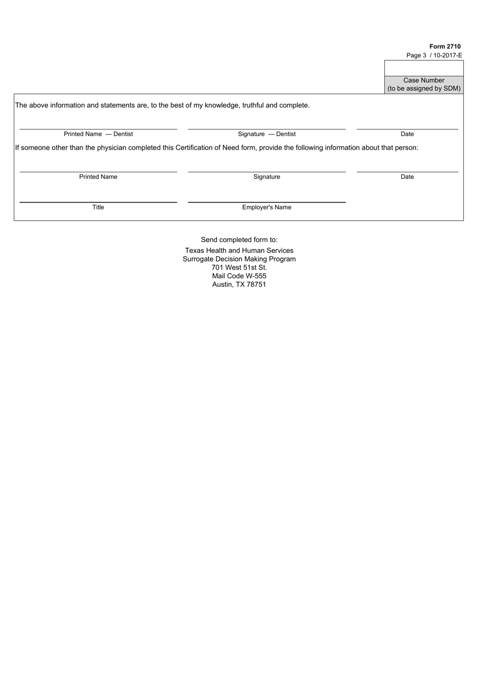 Form 2710 Download Fillable PDF or Fill Online Certification of Need ...