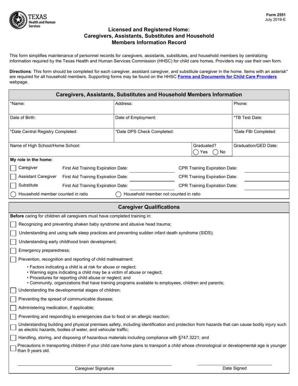 Form 2551 Licensed and Registered Home: Caregivers, Assistants, Substitutes and Household Members Information Record - Texas, Page 1
