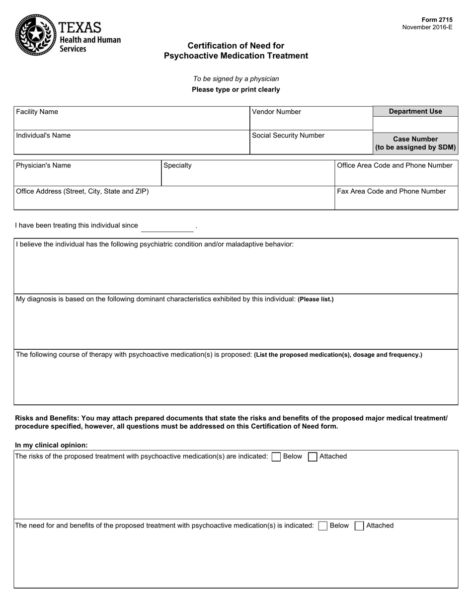 Form 2715 Certification of Need for Psychoactive Medication Treatment - Texas, Page 1
