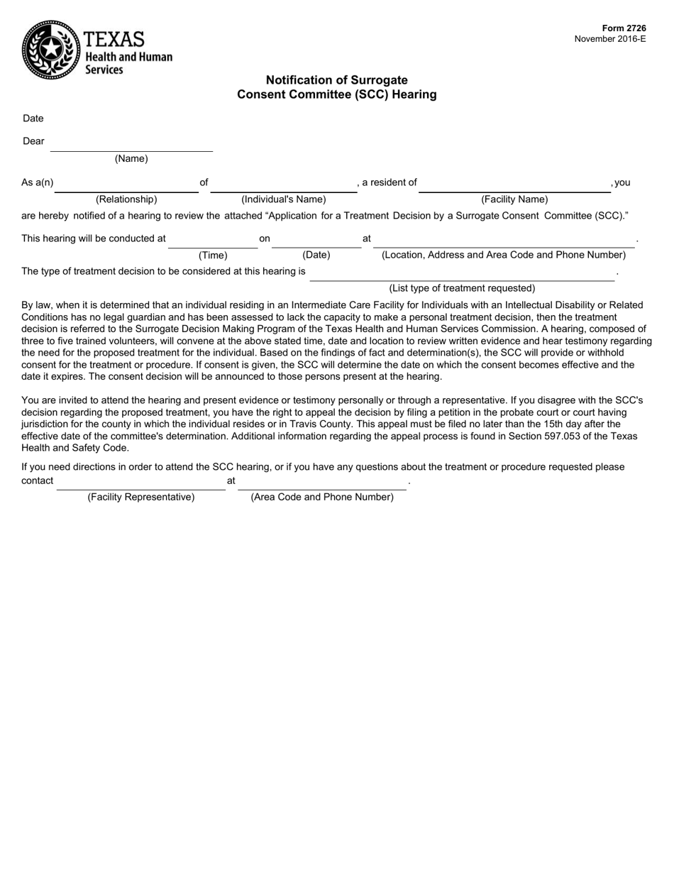 Form 2726 Notification of Surrogate Consent Committee (Scc) Hearing - Texas, Page 1