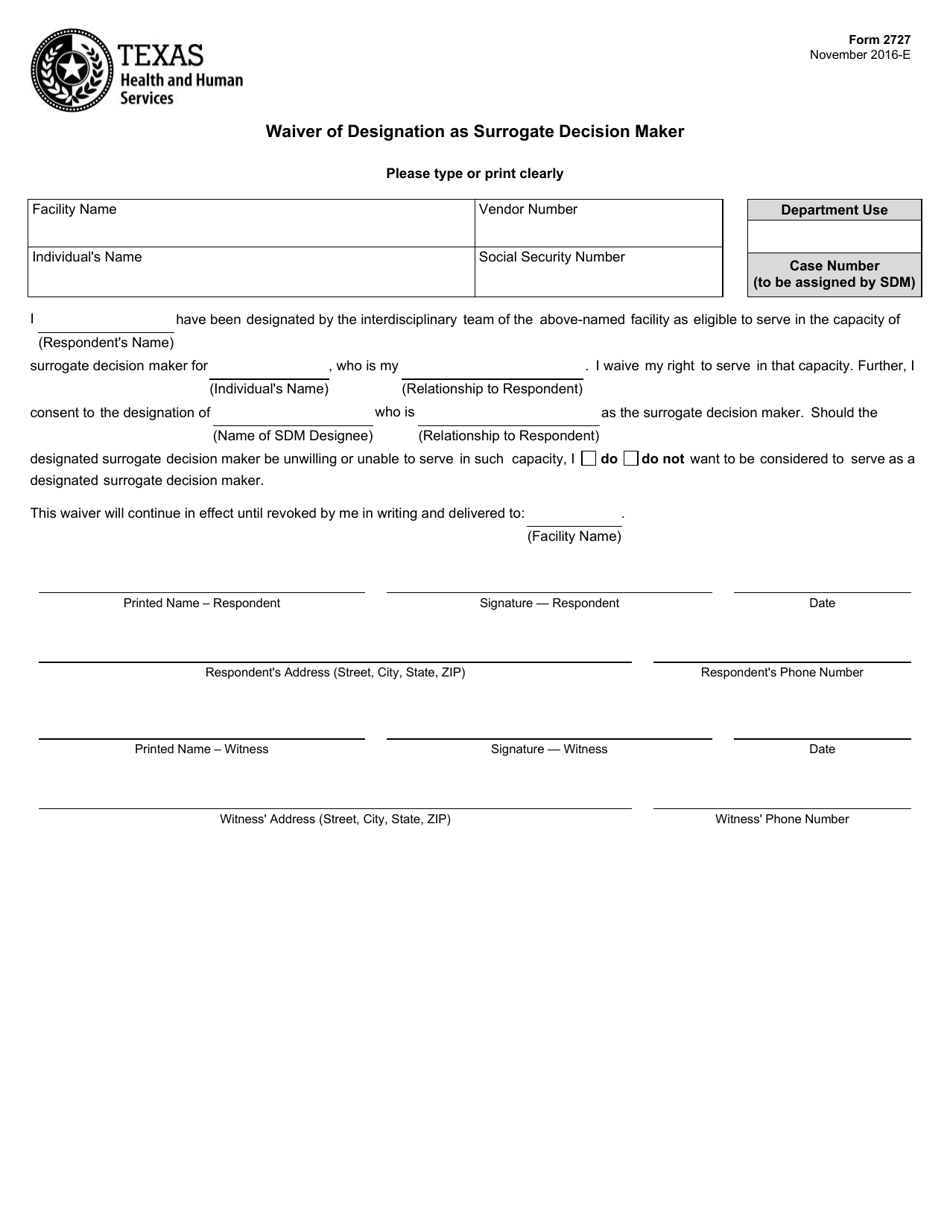 Form 2727 Waiver of Designation as Surrogate Decision Maker - Texas, Page 1