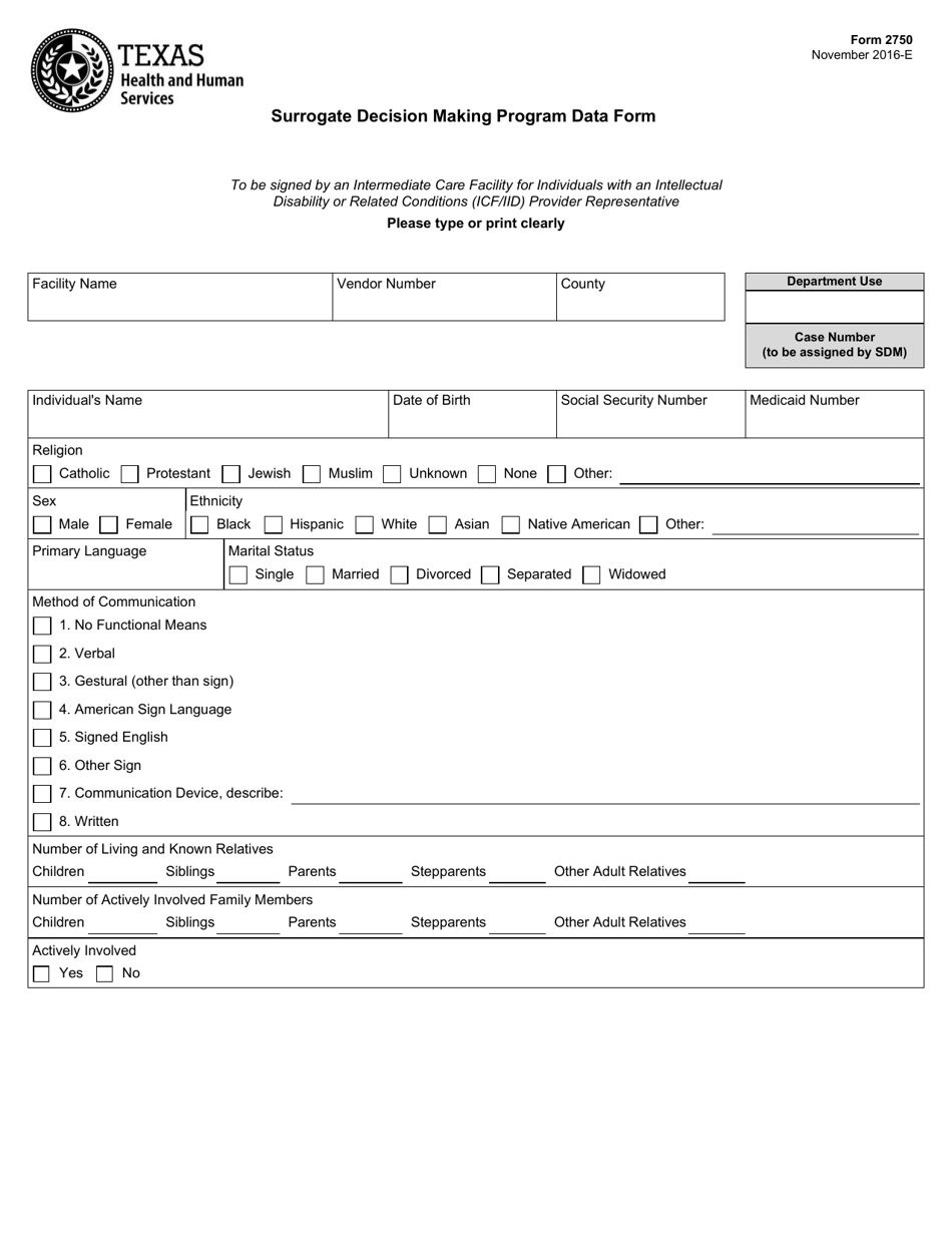 Form 2750 Surrogate Decision Making Program Data Form - Texas, Page 1