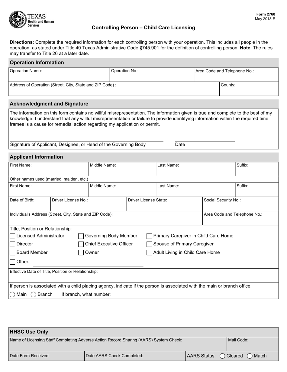 Form 2760 Controlling Person - Child Care Licensing - Texas, Page 1
