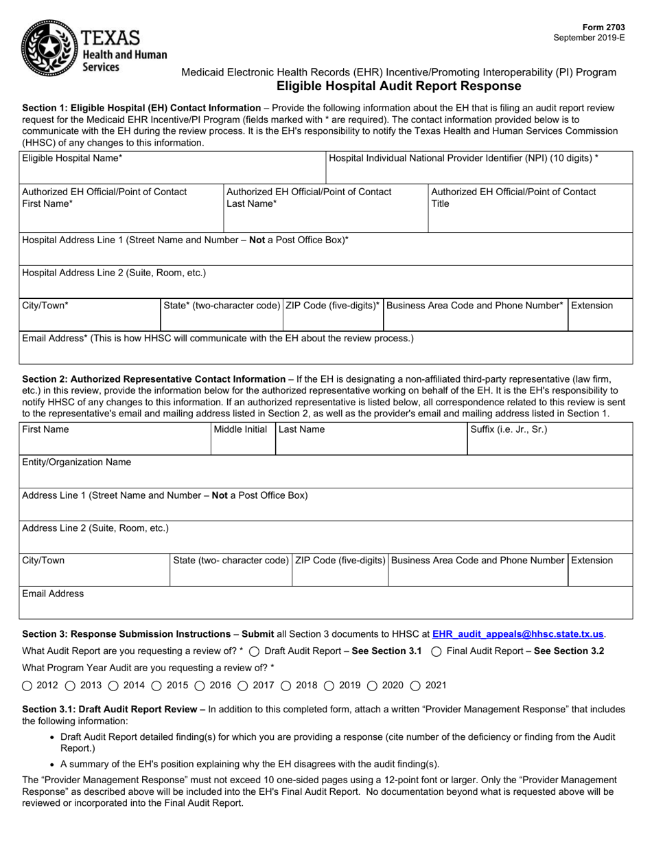 Form 2703 Eligible Hospital Audit Report Response - Texas, Page 1