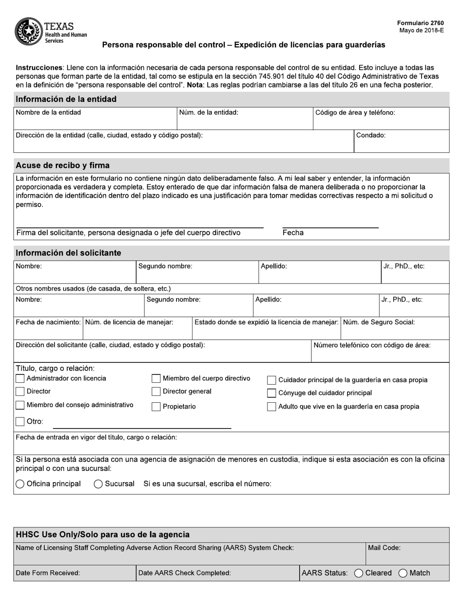 Formulario 2760 Persona Responsable Del Control - Expedicion De Licencias Para Guarderias - Texas (Spanish), Page 1