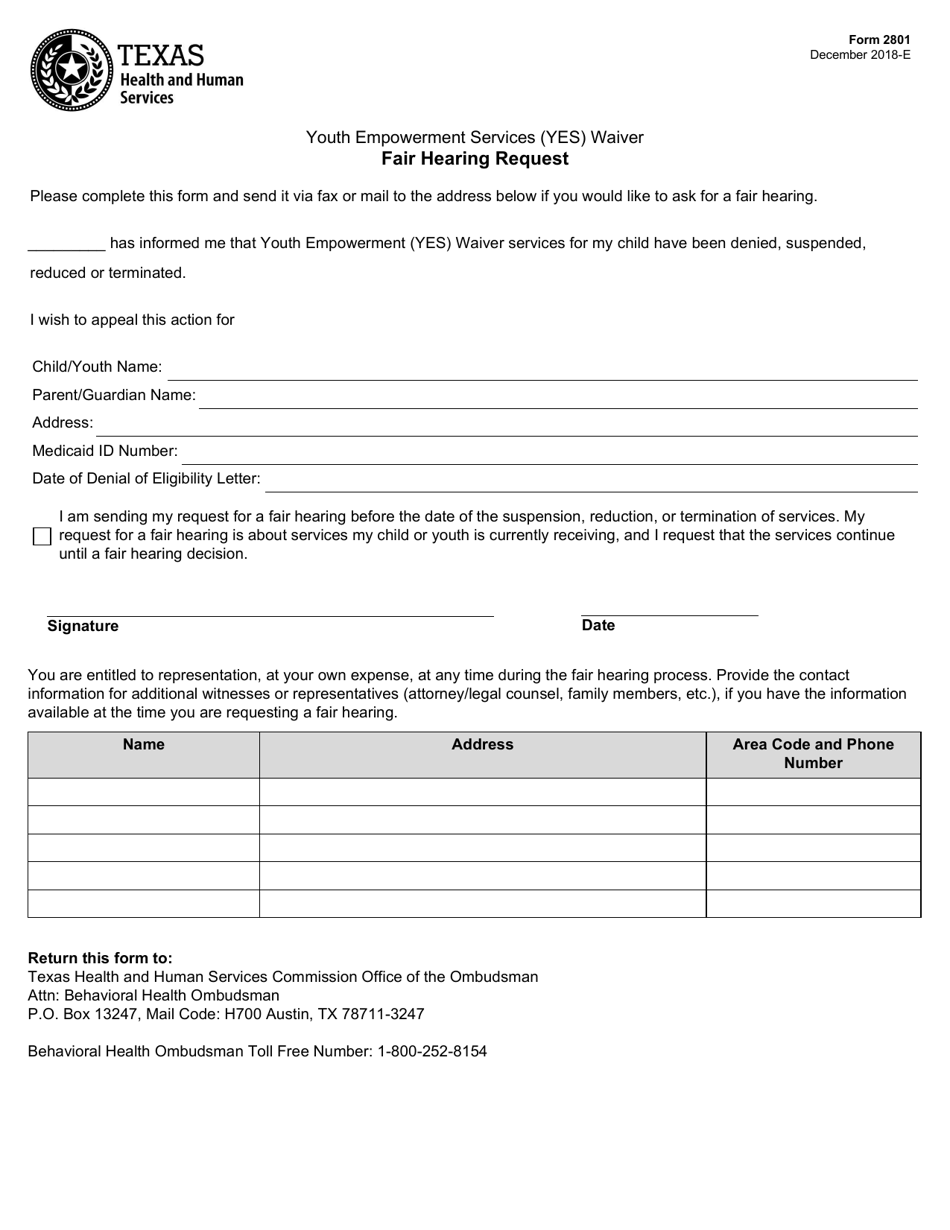 Form 2801 Youth Empowerment Services (Yes) Waiver Fair Hearing Request - Texas, Page 1