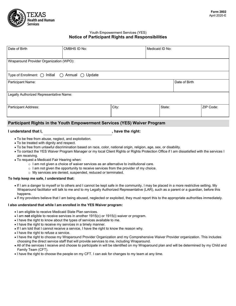 Form 2802 Youth Empowerment Services (Yes) Notice of Participant Rights and Responsibilities - Texas, Page 1