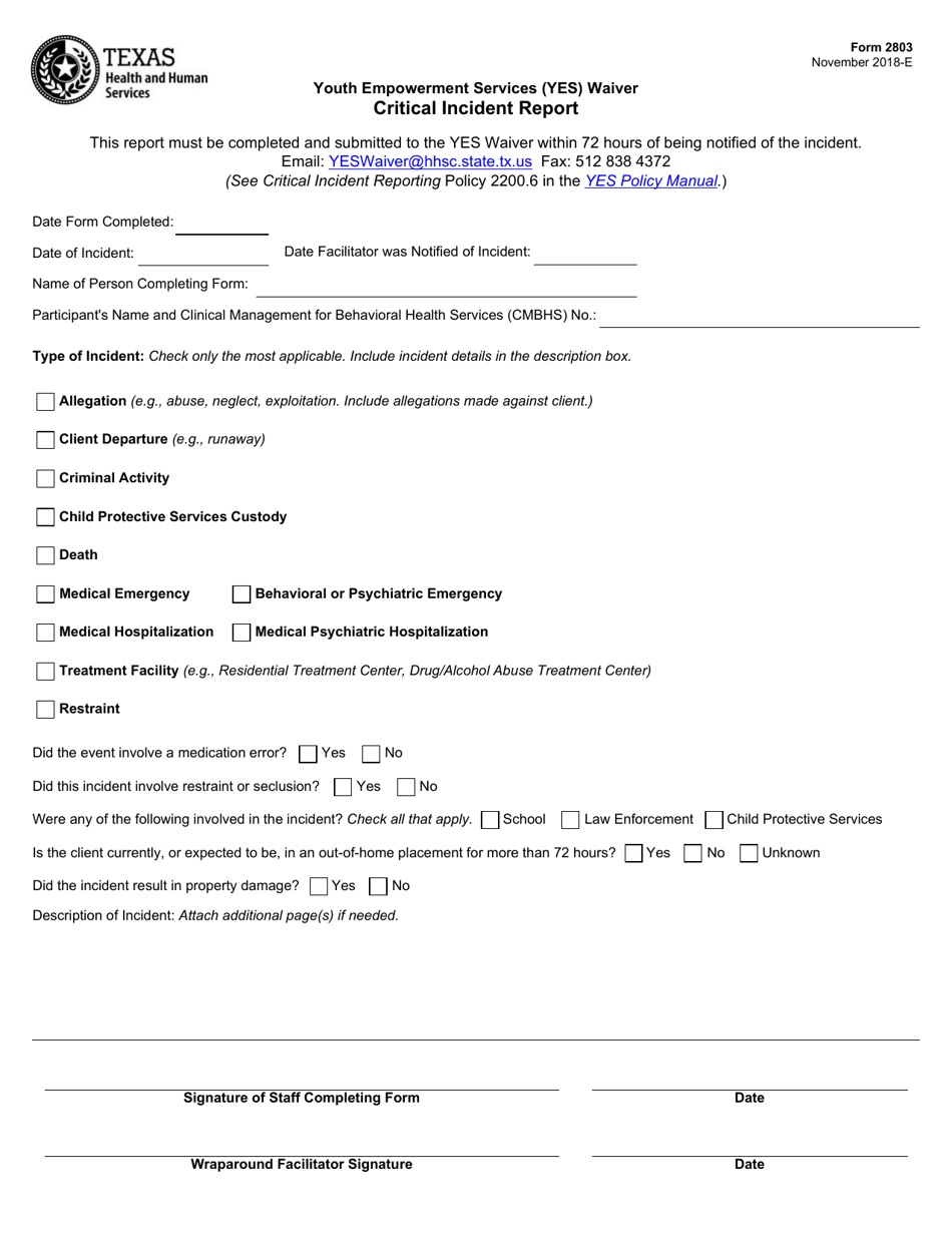 Form 2803 Youth Empowerment Services (Yes) Waiver Critical Incident Report - Texas, Page 1
