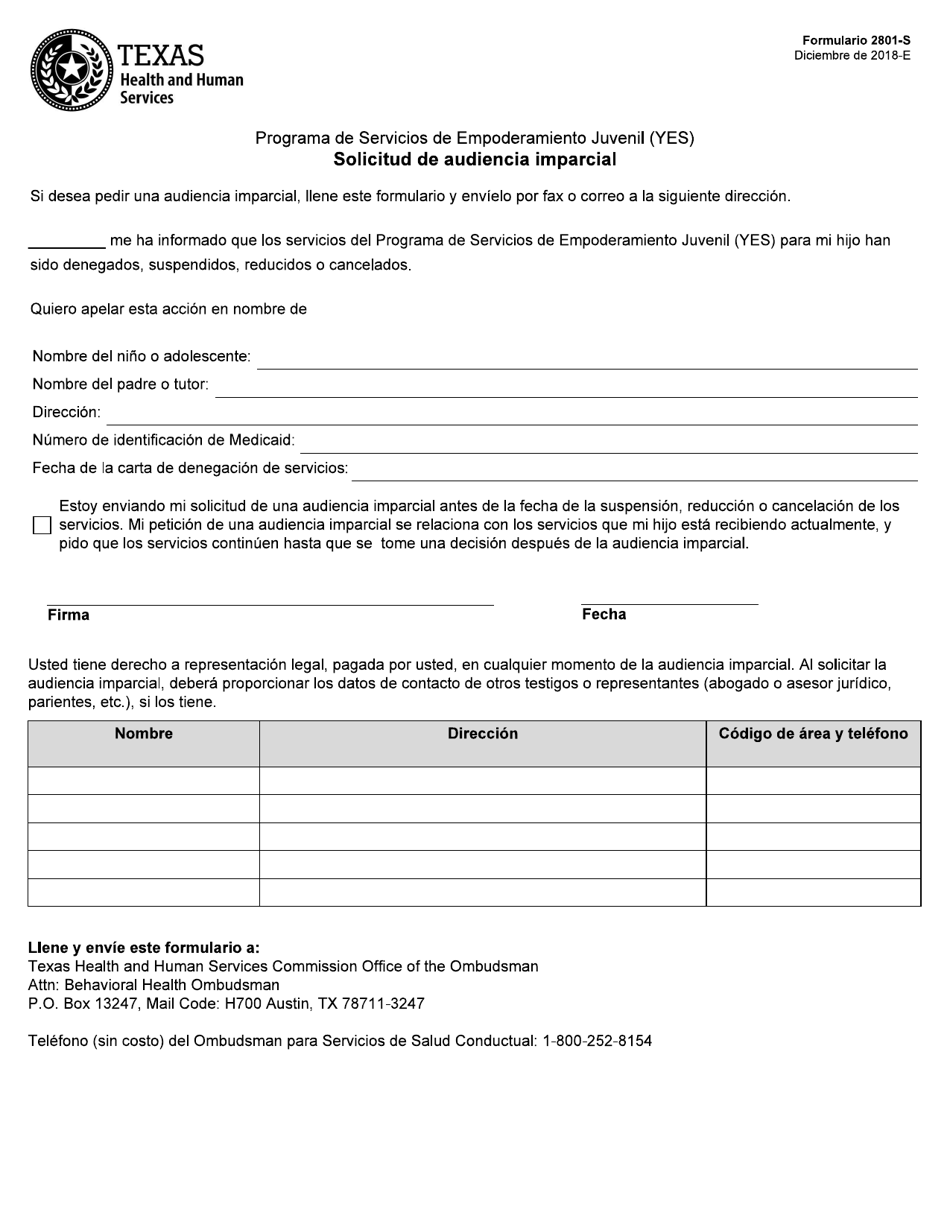 Formulario 2801-S Programa De Servicios De Empoderamiento Juvenil (Yes) Solicitud De Audiencia Imparcial - Texas (Spanish), Page 1