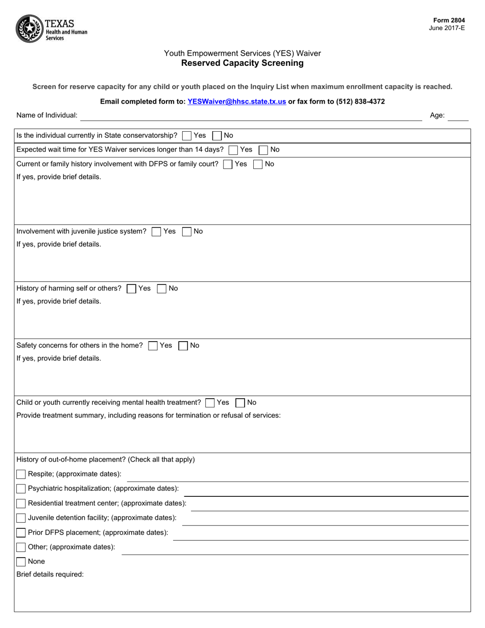 Form 2804 Youth Empowerment Services (Yes) Waiver Reserved Capacity Screening - Texas, Page 1