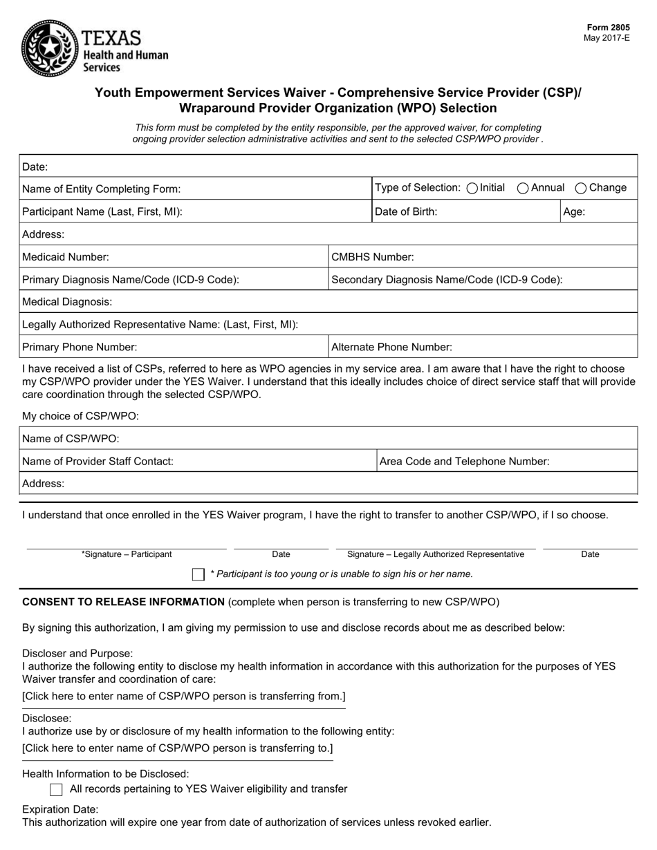Form 2805 Youth Empowerment Services Waiver - Comprehensive Service Provider (CSP) / Wraparound Provider Organization (Wpo) Selection - Texas, Page 1