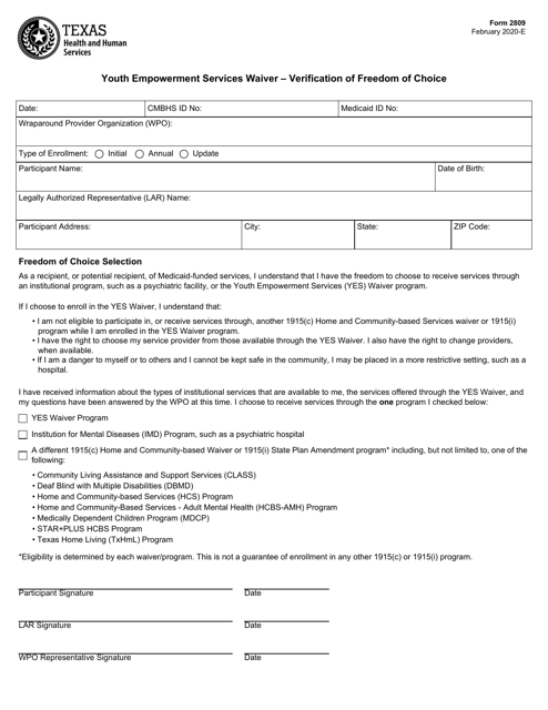 Form 2809 Youth Empowerment Services Waiver - Verification of Freedom of Choice - Texas
