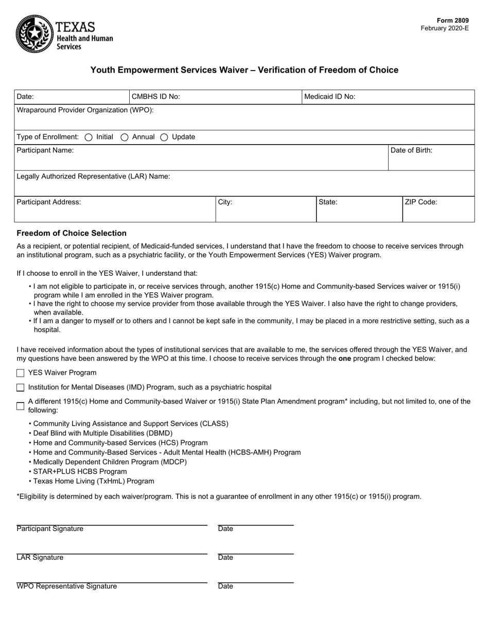 Form 2809 Youth Empowerment Services Waiver - Verification of Freedom of Choice - Texas, Page 1