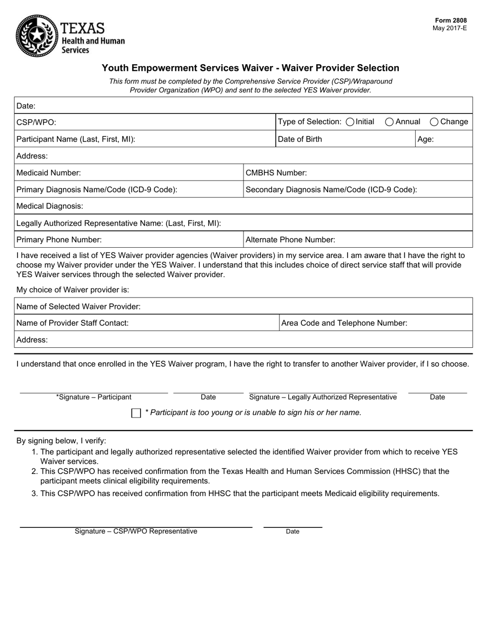 Form 2808 Youth Empowerment Services Waiver - Waiver Provider Selection - Texas, Page 1