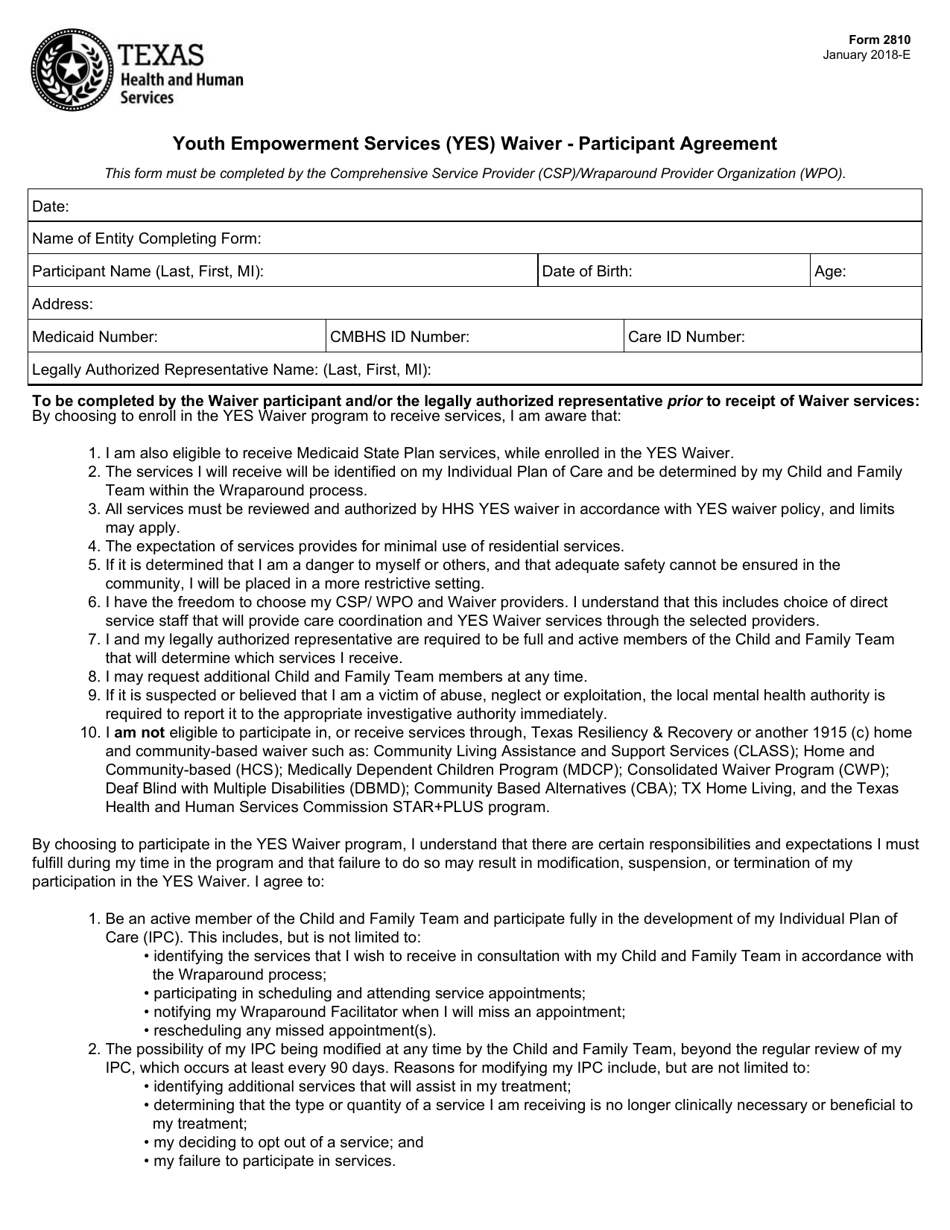 Form 2810 Youth Empowerment Services (Yes) Waiver - Participant Agreement - Texas, Page 1