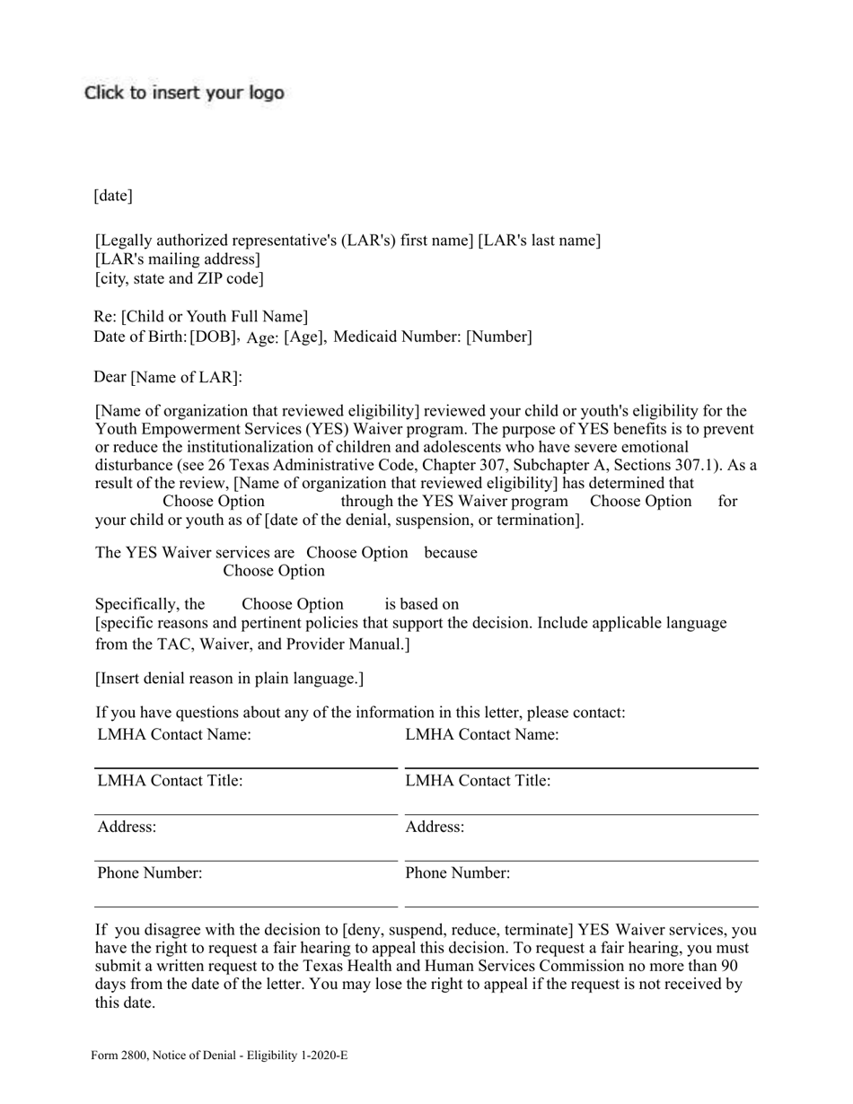 Form 2800 Notice of Denial - Eligibility - Texas, Page 1