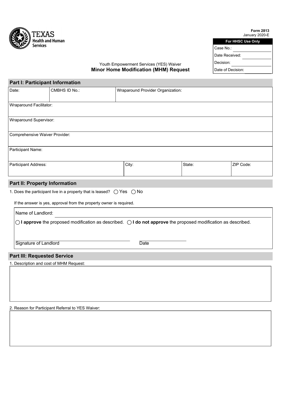 Form 2813 Youth Empowerment Services (Yes) Waiver Minor Home Modification (Mhm) Request - Texas, Page 1