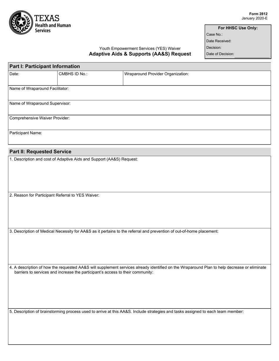 Form 2812 Youth Empowerment Services (Yes) Waiver Adaptive AIDS  Supports (Aas) Request - Texas, Page 1