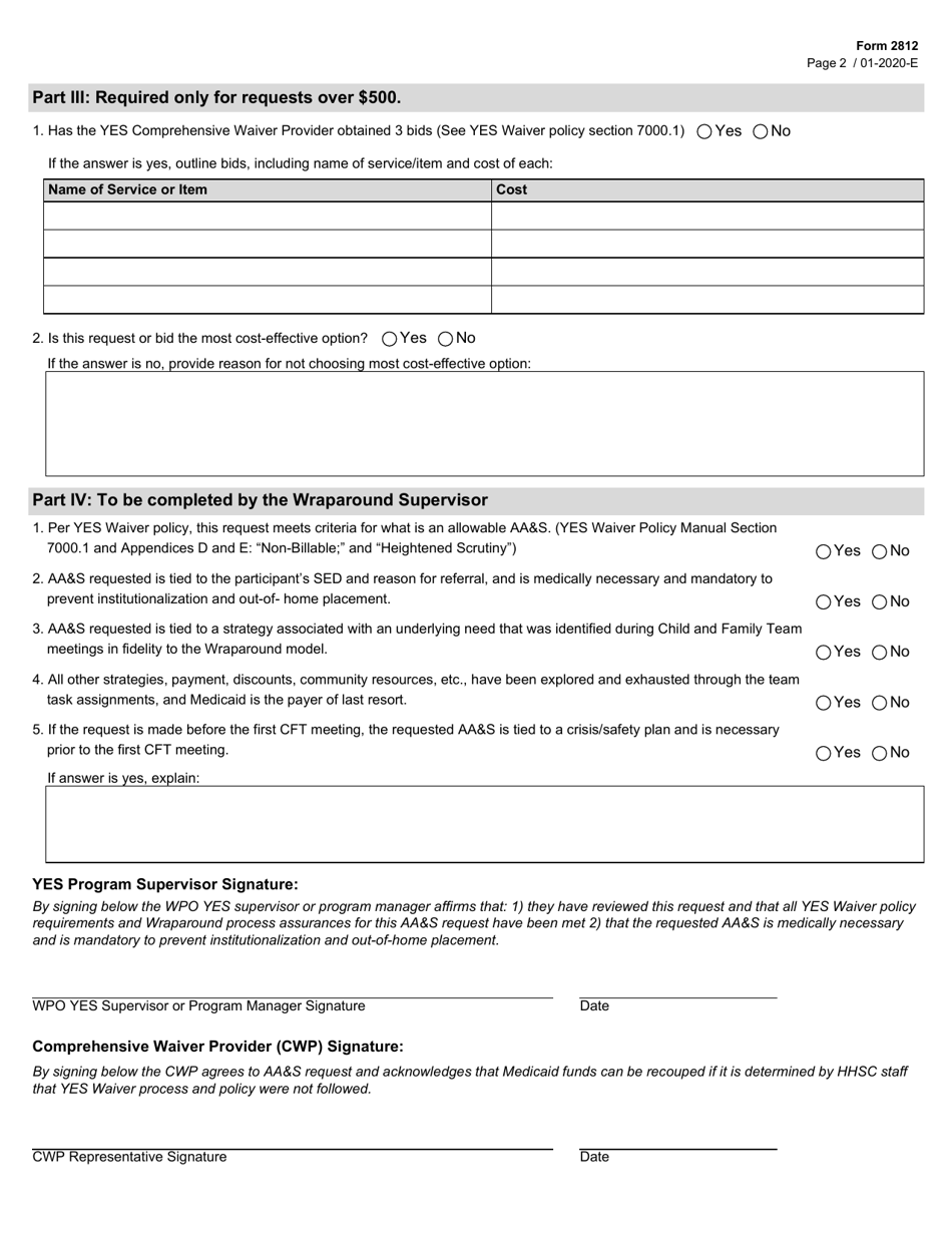 Form 2812 Youth Empowerment Services (Yes) Waiver Adaptive AIDS  Supports (Aas) Request - Texas, Page 2