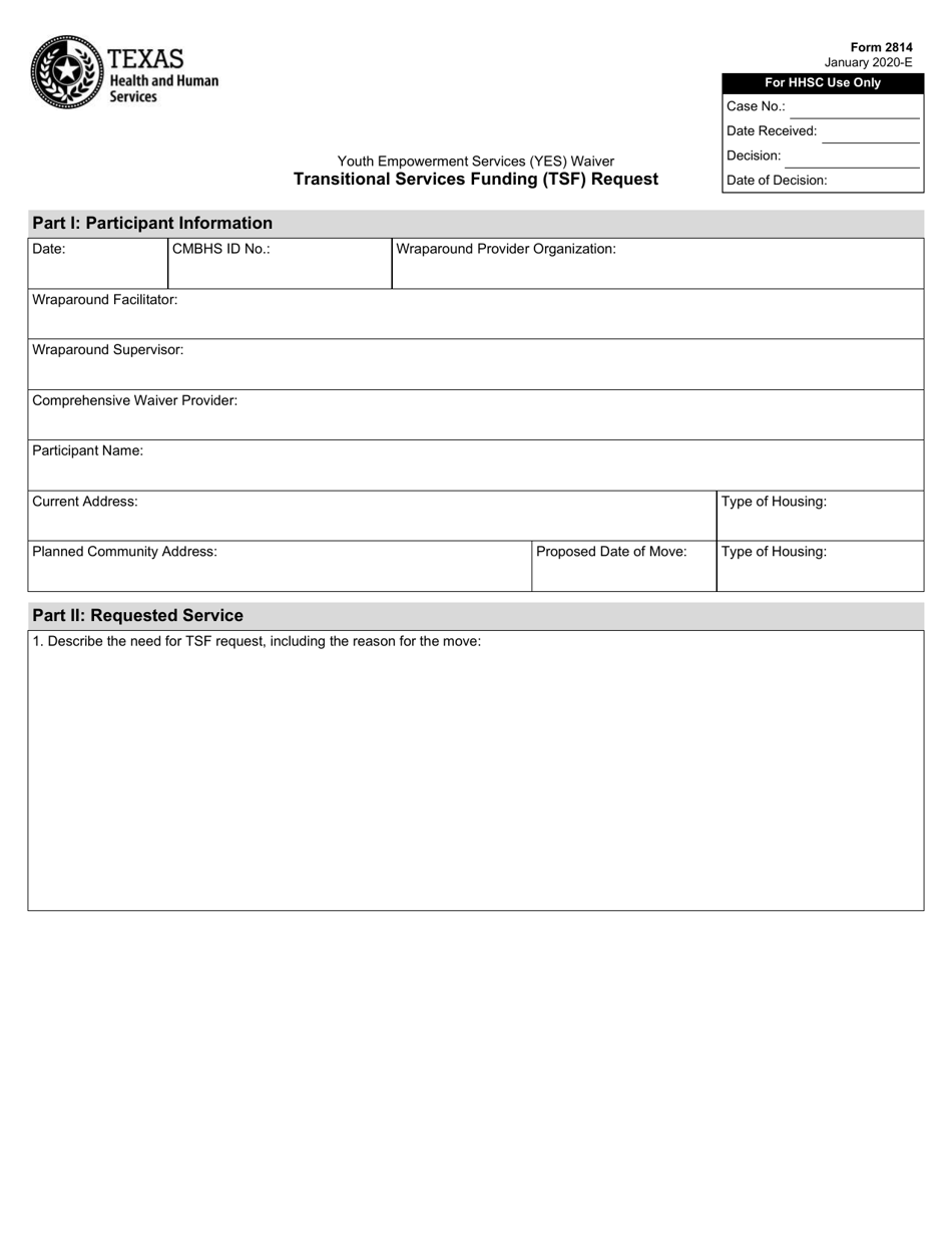 Form 2814 Youth Empowerment Services (Yes) Waiver Transitional Services Funding (Tsf) Request - Texas, Page 1