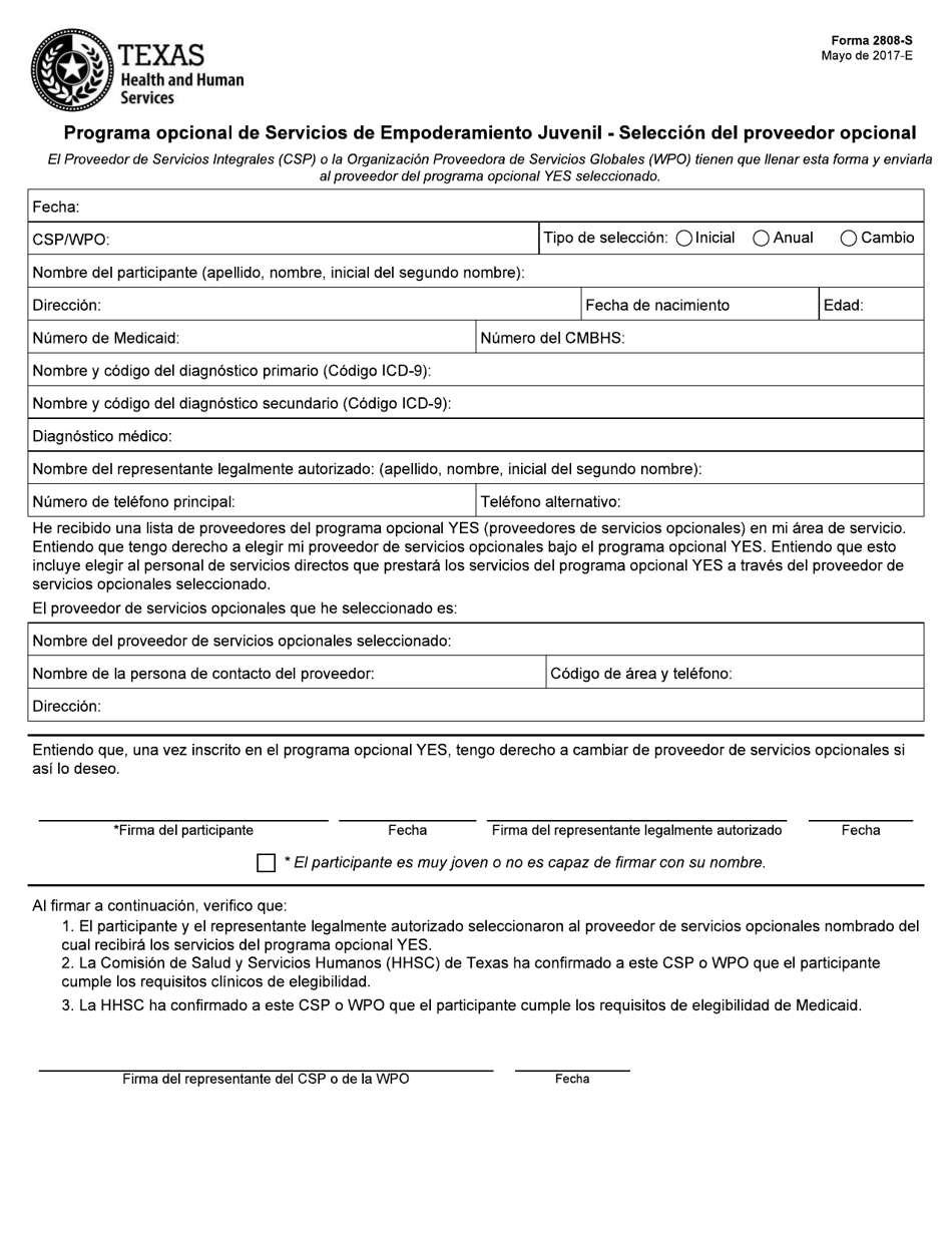Formulario 2808-S Programa Opcional De Servicios De Empoderamiento Juvenil - Seleccion Del Proveedor Opcional - Texas (Spanish), Page 1