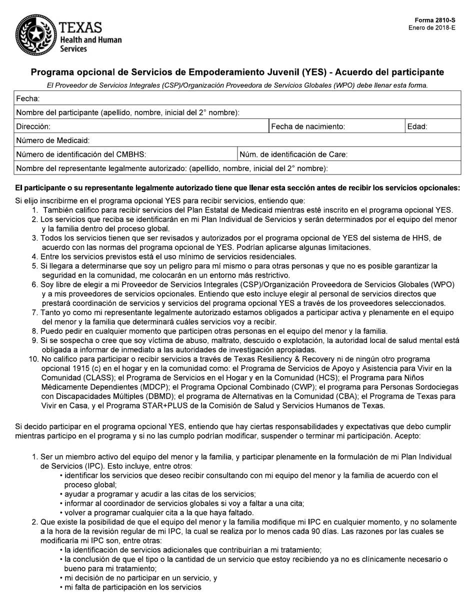 Formulario 2810-S Programa Opcional De Servicios De Empoderamiento Juvenil (Yes) - Acuerdo Del Participante - Texas (Spanish), Page 1