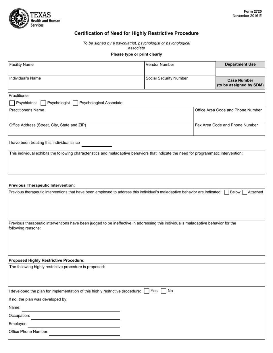 Form 2720 Certification of Need for Highly Restrictive Procedure - Texas, Page 1