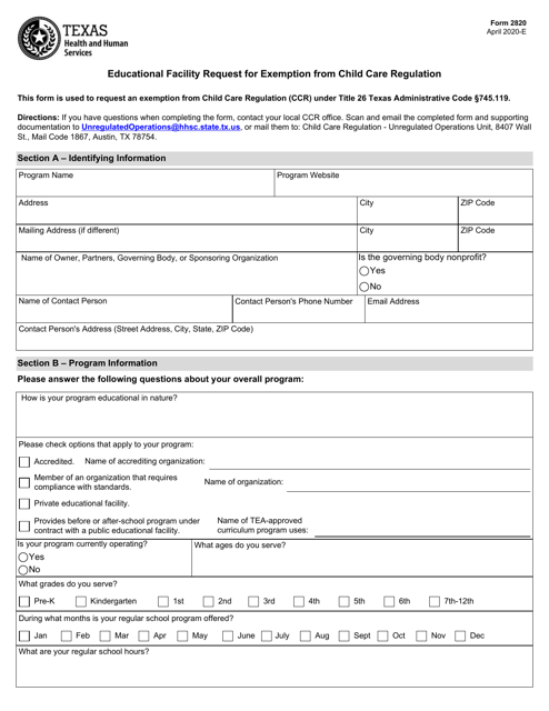 Form 2820 Educational Facility Request for Exemption From Child Care Regulation - Texas