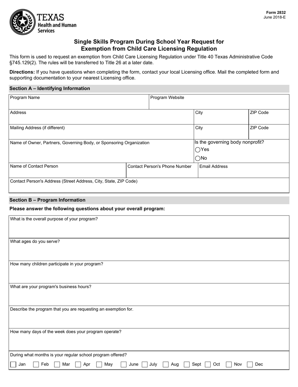 Form 2832 Single Skills Program During School Year Request for Exemption From Child Care Licensing Regulation - Texas, Page 1