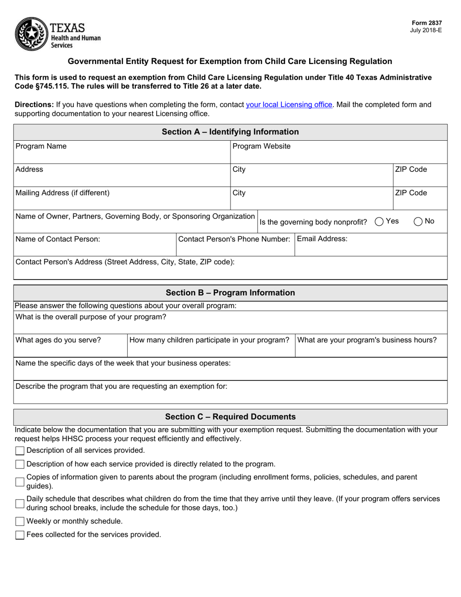 Form 2837 Governmental Entity Request for Exemption From Child Care Licensing Regulation - Texas, Page 1