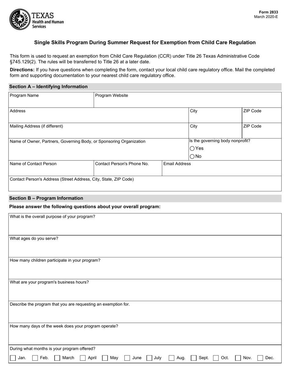 Form 2833 Single Skills Program During Summer Request for Exemption From Child Care Regulation - Texas, Page 1