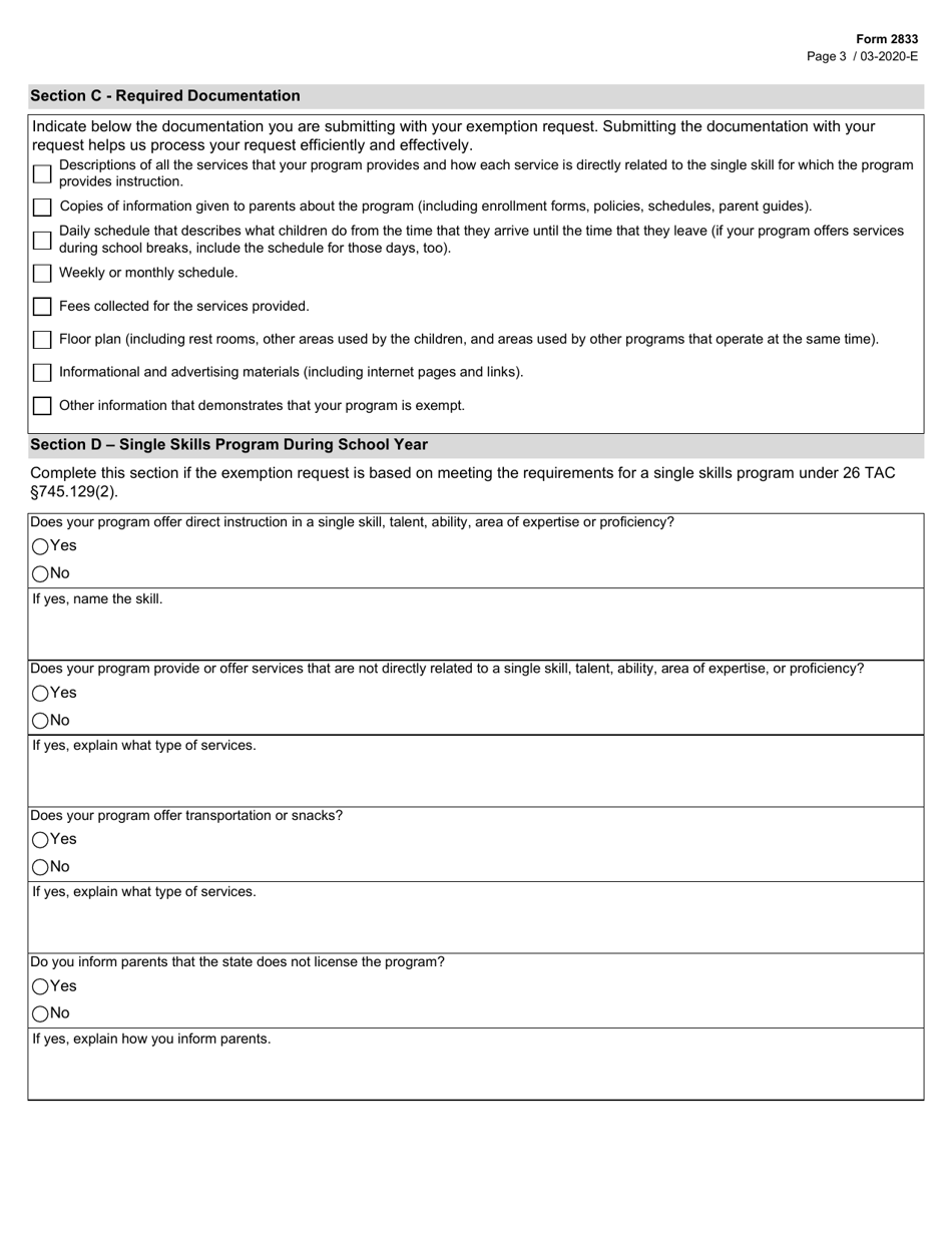Form 2833 Single Skills Program During Summer Request for Exemption From Child Care Regulation - Texas, Page 3