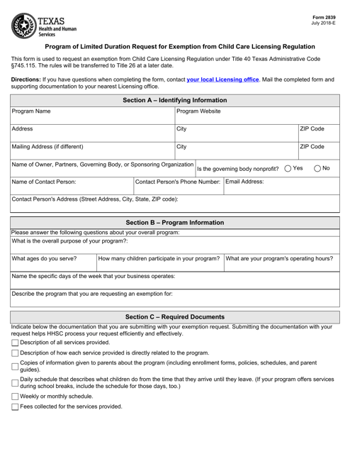 Document preview: Form 2839 Program of Limited Duration Request for Exemption From Child Care Licensing Regulation - Texas