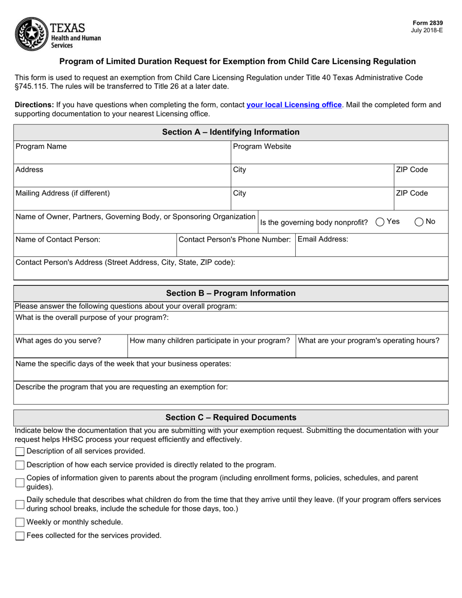 Form 2839 Program of Limited Duration Request for Exemption From Child Care Licensing Regulation - Texas, Page 1