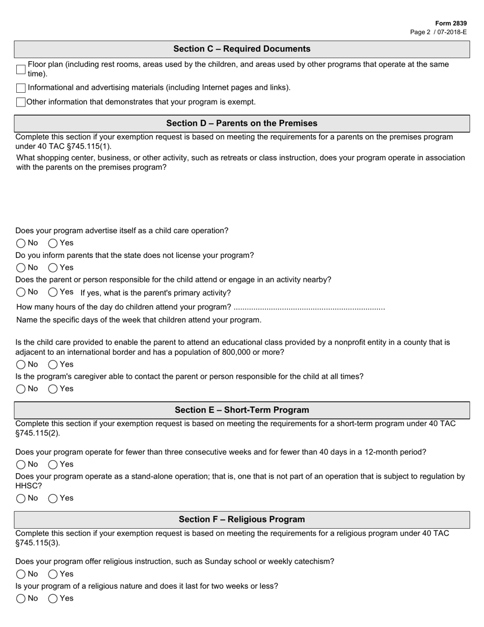 Form 2839 Program of Limited Duration Request for Exemption From Child Care Licensing Regulation - Texas, Page 2