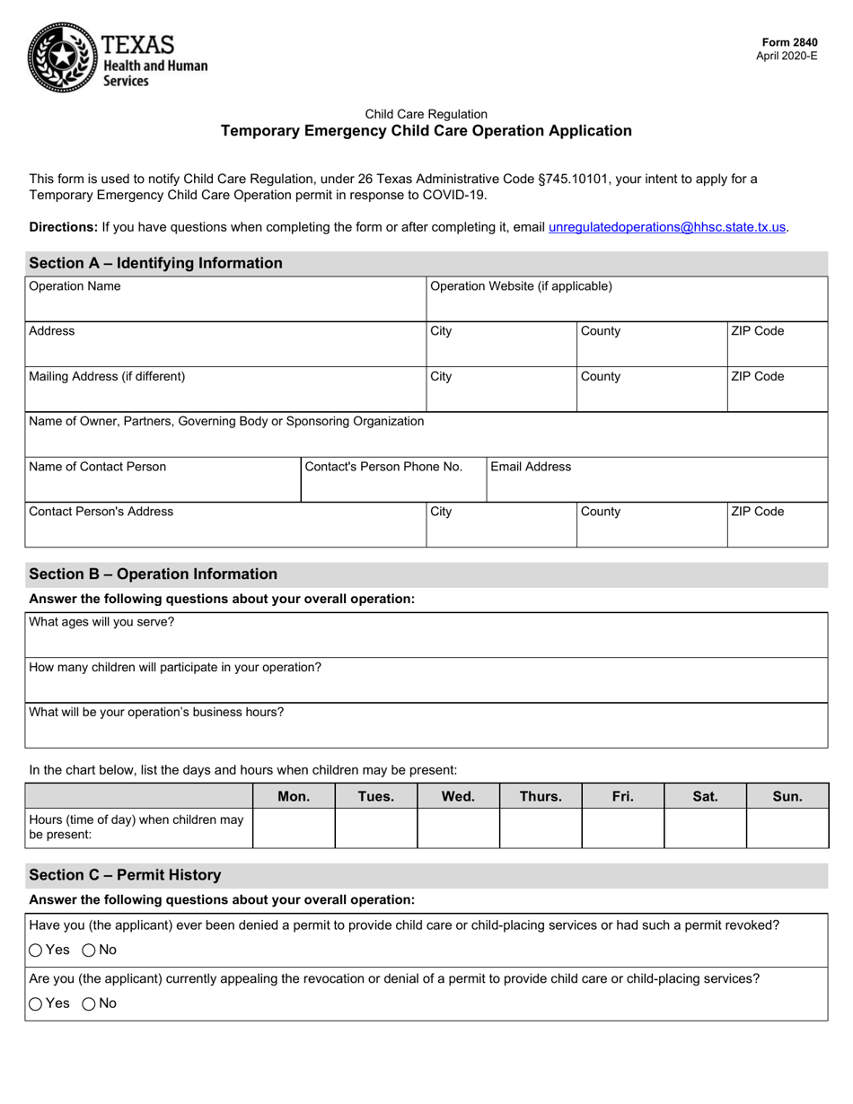 Form 2840 Temporary Emergency Child Care Operation Application - Texas, Page 1