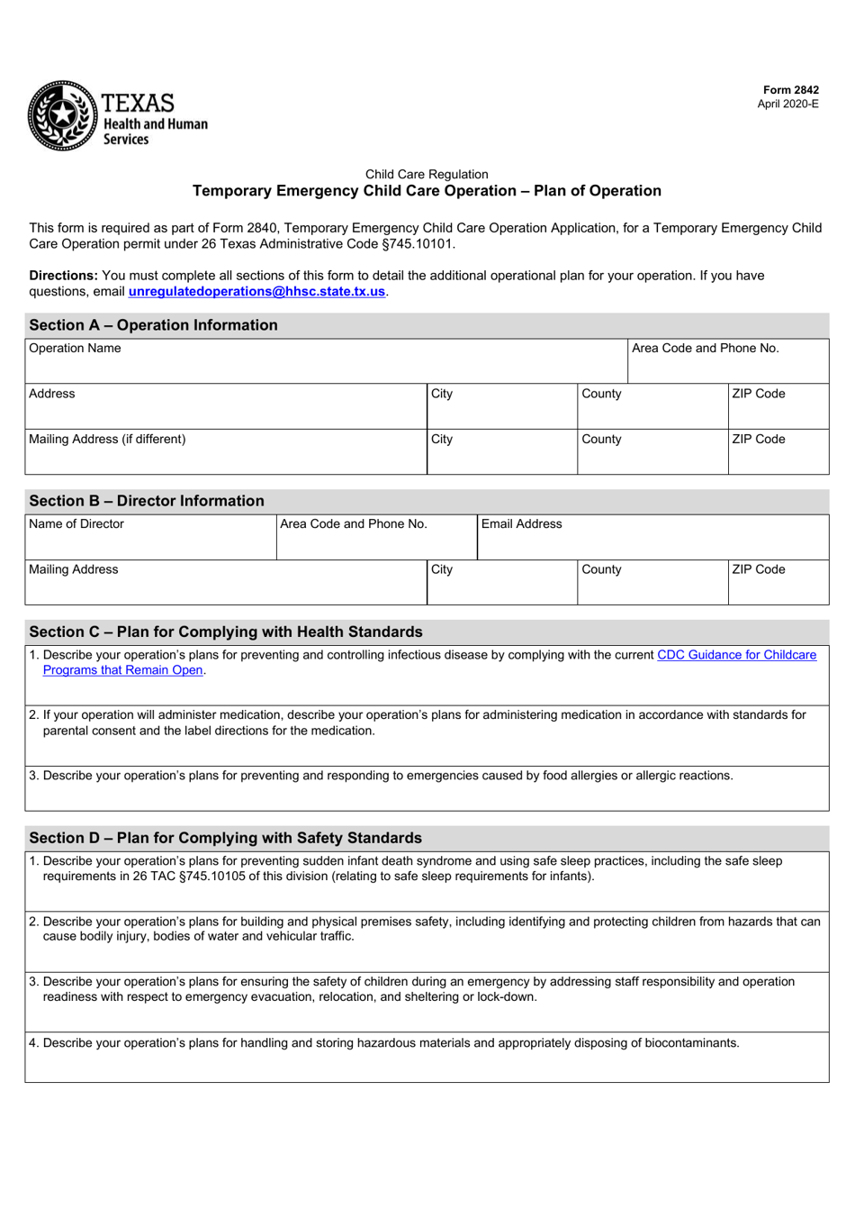 Form 2842 Temporary Emergency Child Care Operation - Plan of Operation - Texas, Page 1