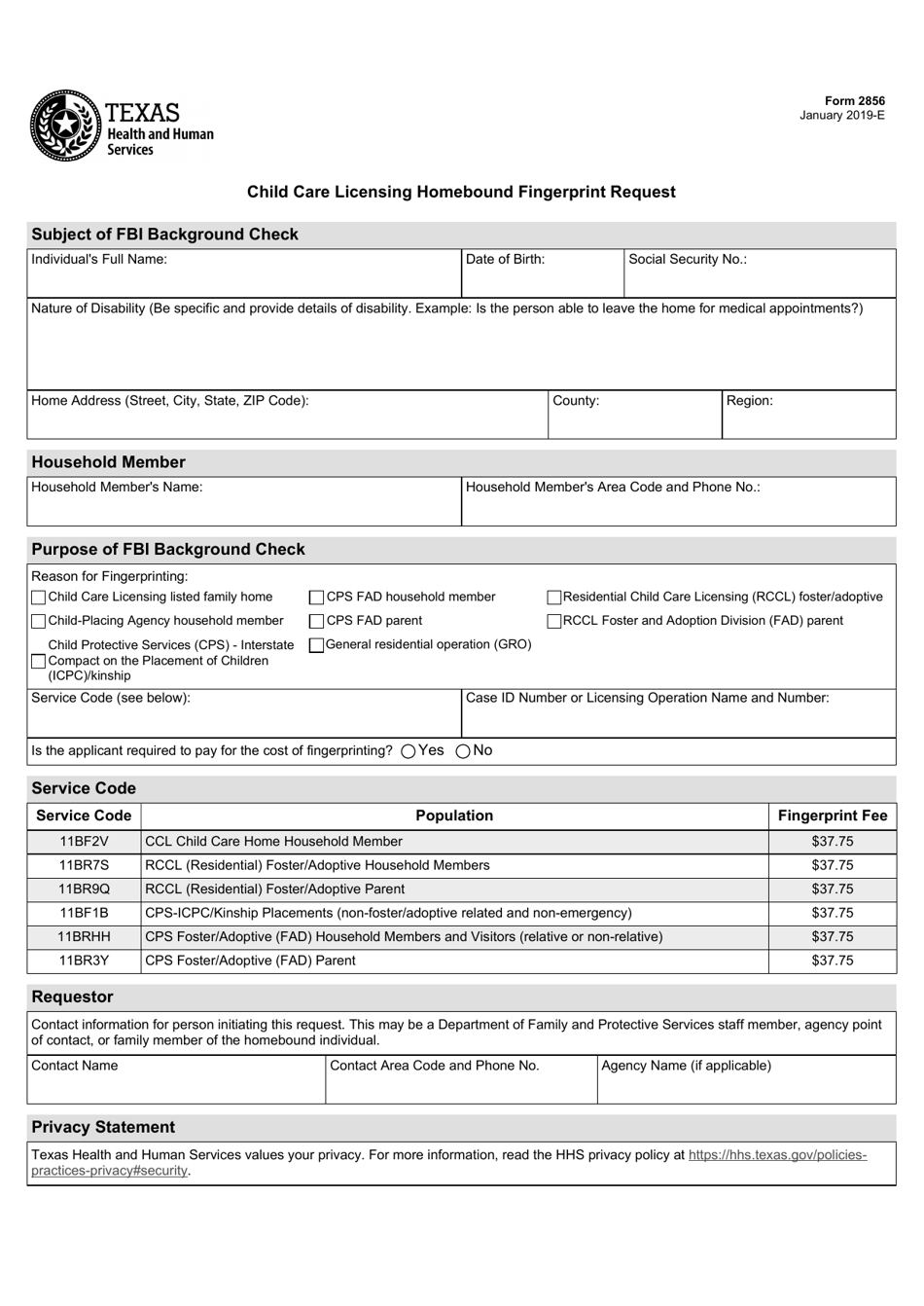 Form 2856 Child Care Licensing Homebound Fingerprint Request - Texas, Page 1