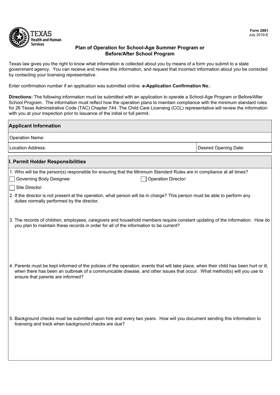 Form 2881 Plan of Operation for School-Age Summer Program or Before / After School Program - Texas, Page 1