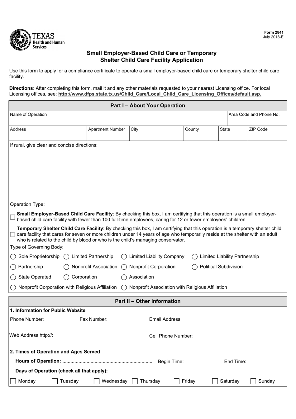Form 2841 Small Employer-Based Child Care or Temporary Shelter Child Care Facility Application - Texas, Page 1