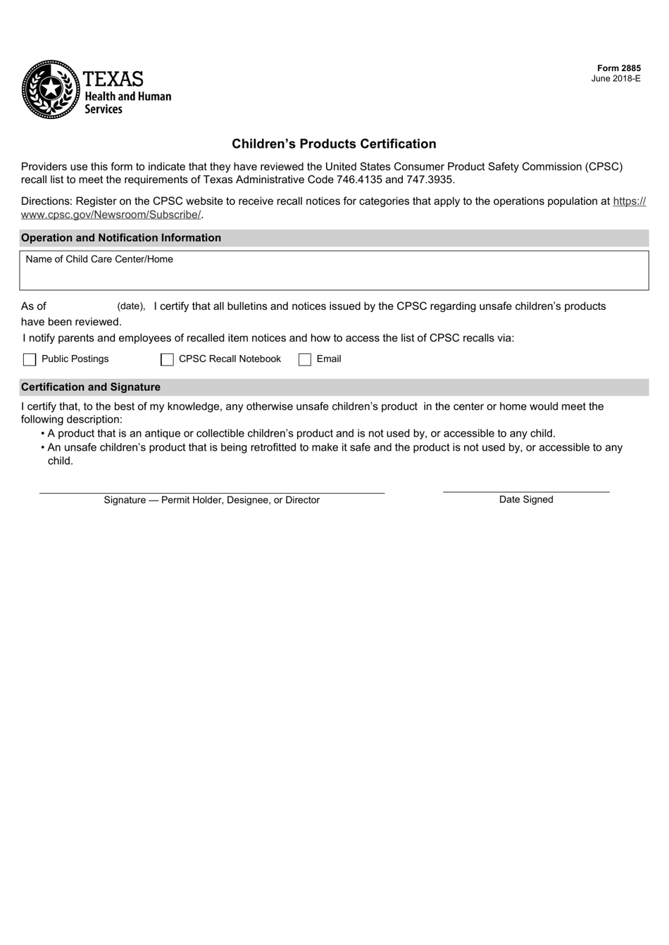 Form 2885 Childrens Products Certification - Texas, Page 1