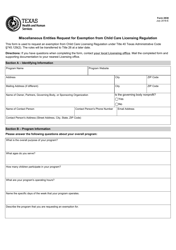 Document preview: Form 2838 Miscellaneous Entities Request for Exemption From Child Care Licensing Regulation - Texas