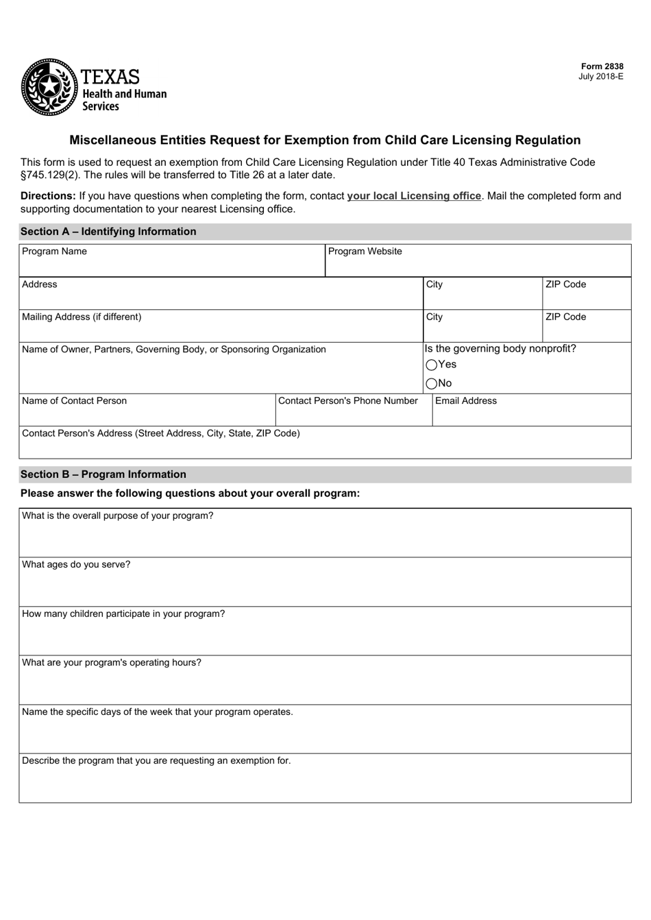 Form 2838 Miscellaneous Entities Request for Exemption From Child Care Licensing Regulation - Texas, Page 1