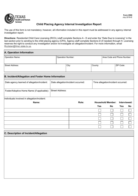 Form 2906 Child Placing Agency Internal Investigation Report - Texas
