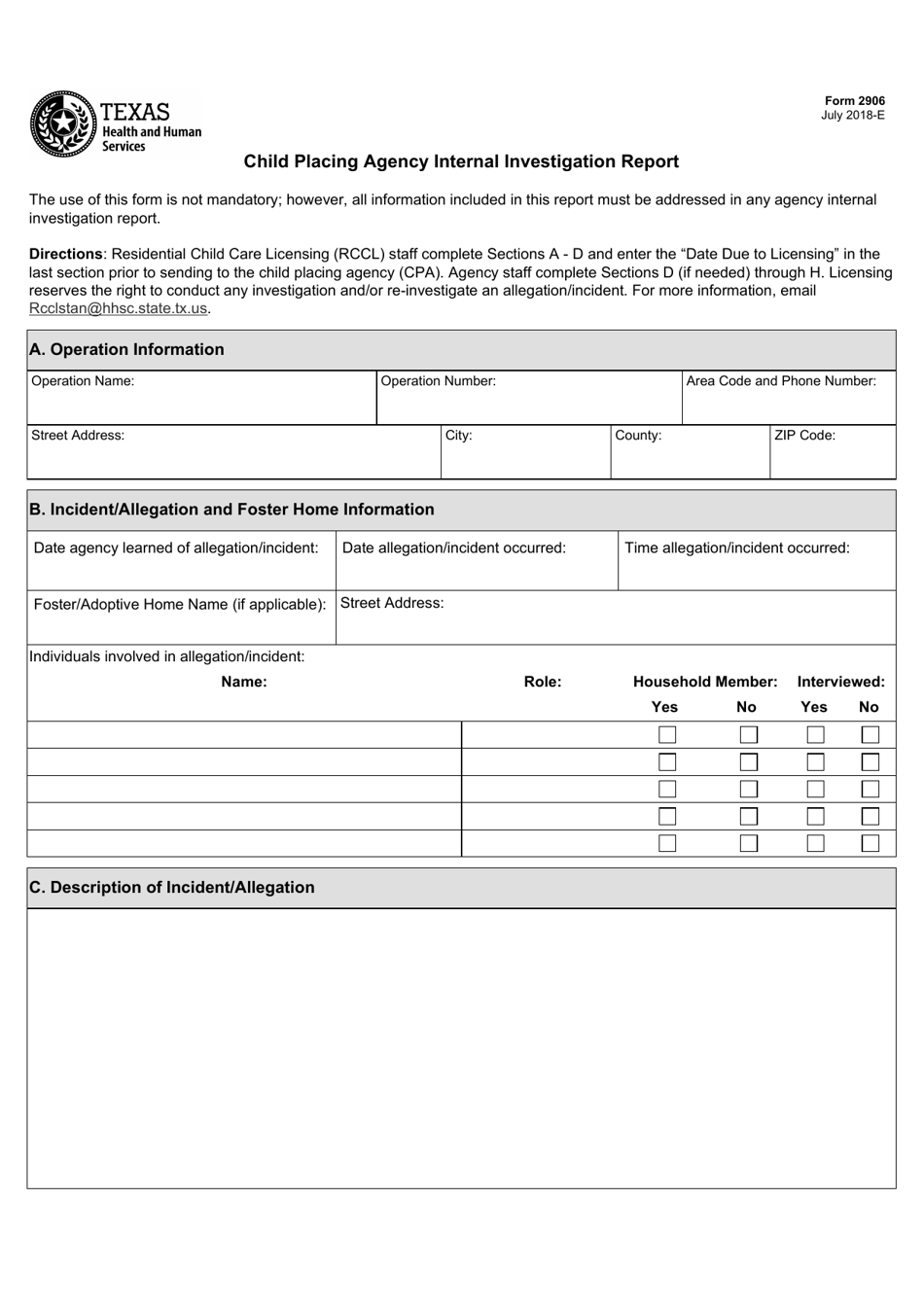 Form 2906 Child Placing Agency Internal Investigation Report - Texas, Page 1