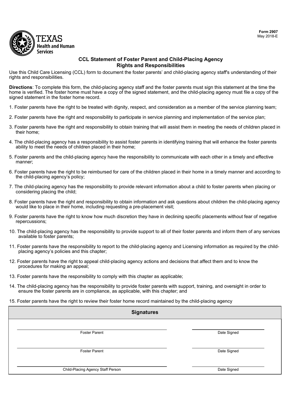 Form 2907 Ccl Statement of Foster Parent and Child-Placing Agency Rights and Responsibilities - Texas, Page 1