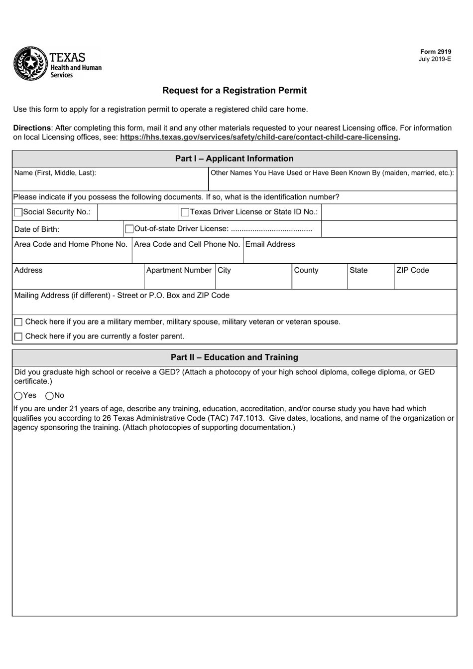 Form 2919 Request for a Registration Permit - Texas, Page 1